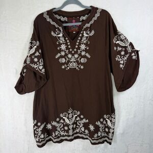 JW Los Angeles Tunic Women XL Brown Embroidered Boho V-Neck Cotton Top